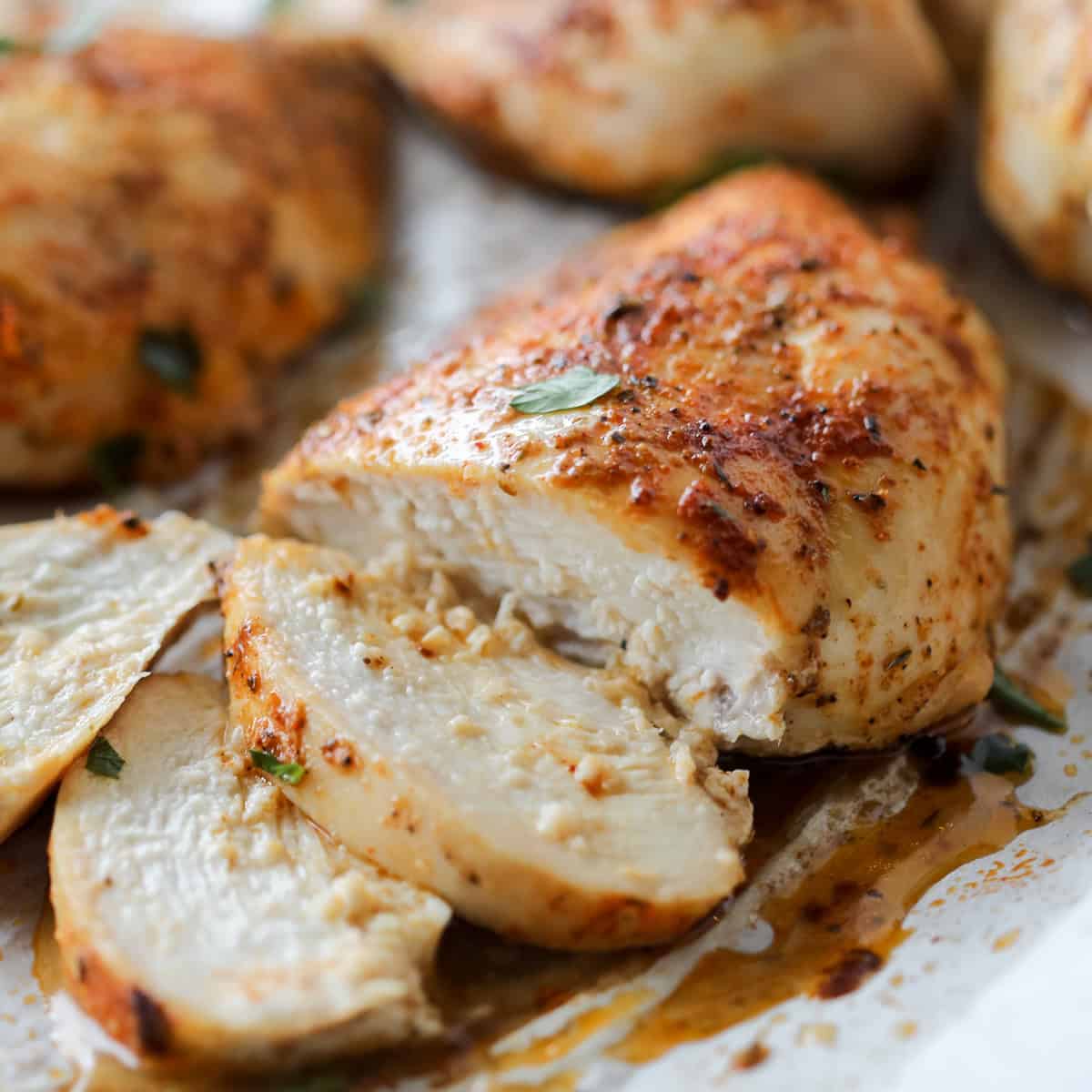 sliced boneless skinless chicken breast meat after roasting