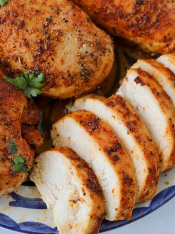 close up of the sliced chicken breast pieces before eating