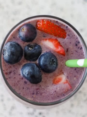 berry peanut butter smoothie close up from the top angle