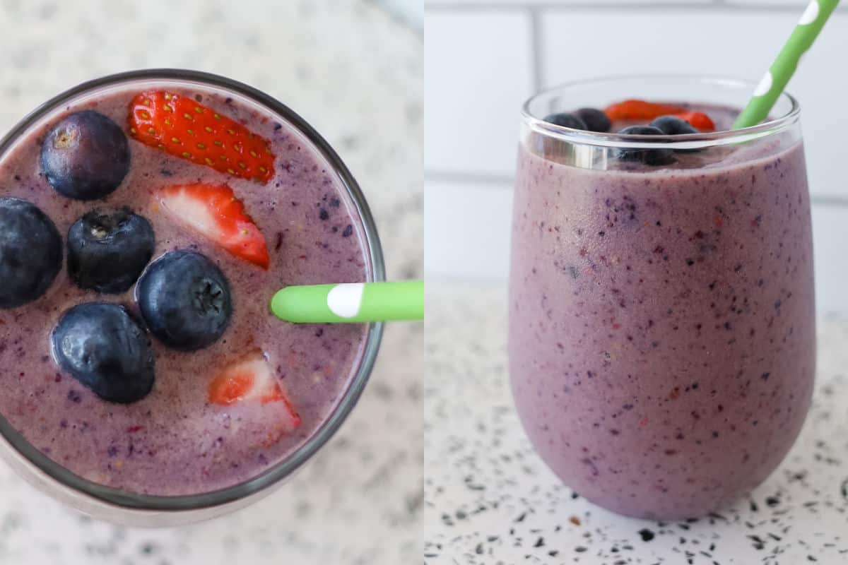 mixed berry protein smoothie close up after blending it in a blender