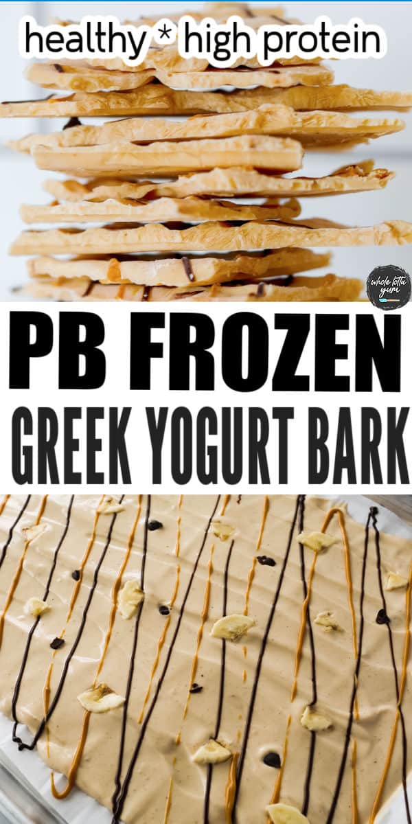 high protein Greek yogurt bark pin for pinterest chocolate peanut butter flavored