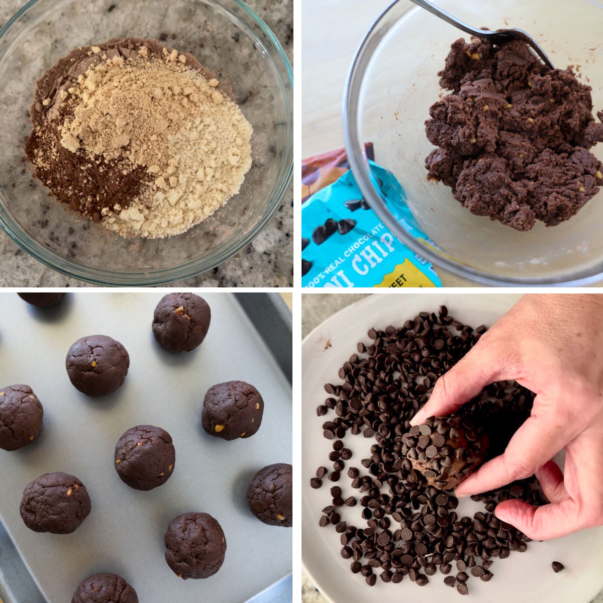 chocolate protein balls collage of recipe steps