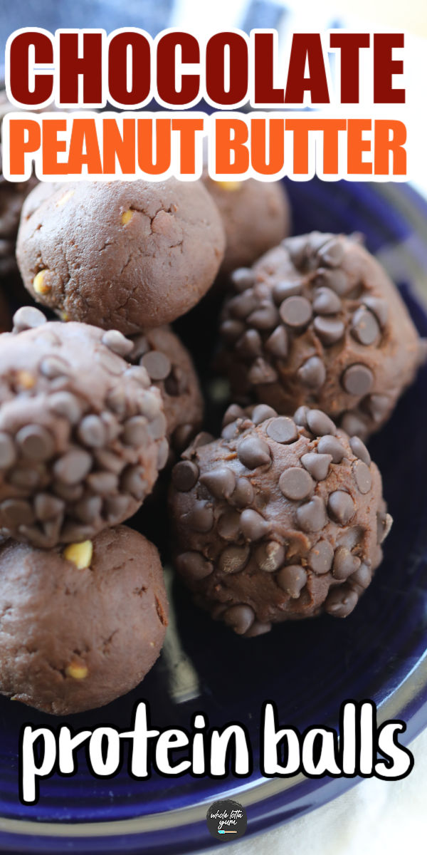 chocolate peanut butter protein balls pin for pinterest