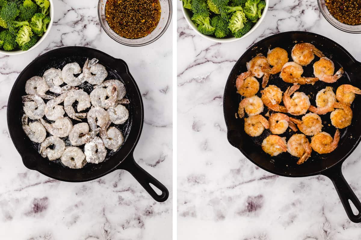cooking the corn starch shrimp in the cast iron skillet