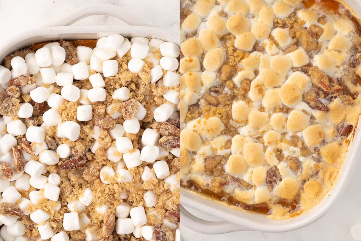 add the marshmallow topping to the casserole and bake until golden brown