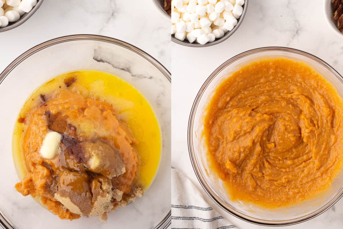 mixing the filling for sweet potato casserole