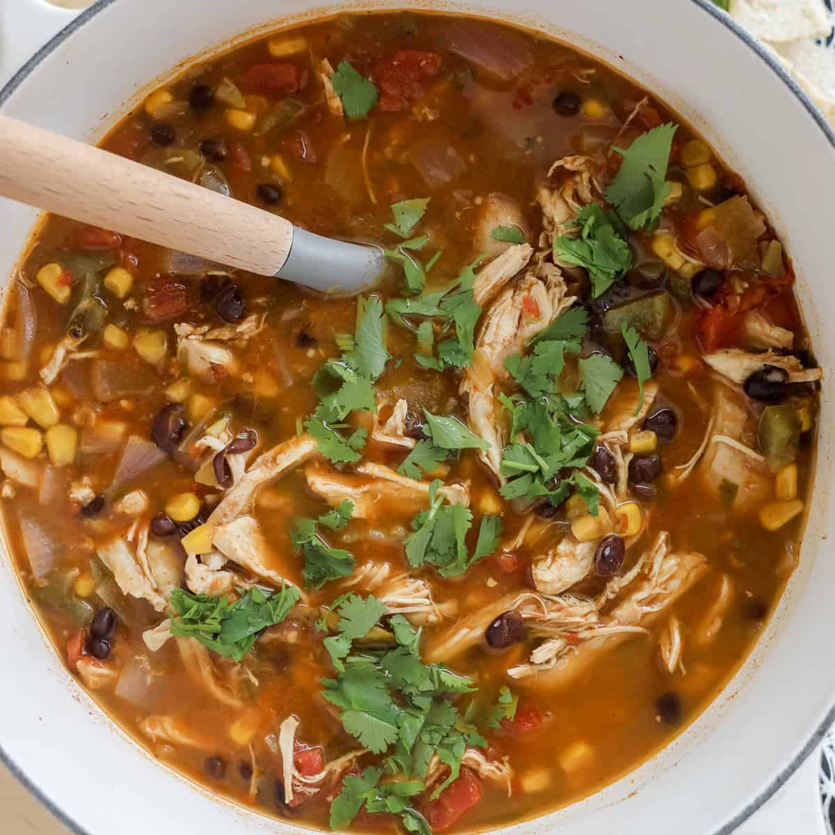 the cooked taco soup on a cutting board with shredded chicken and cilantro on top