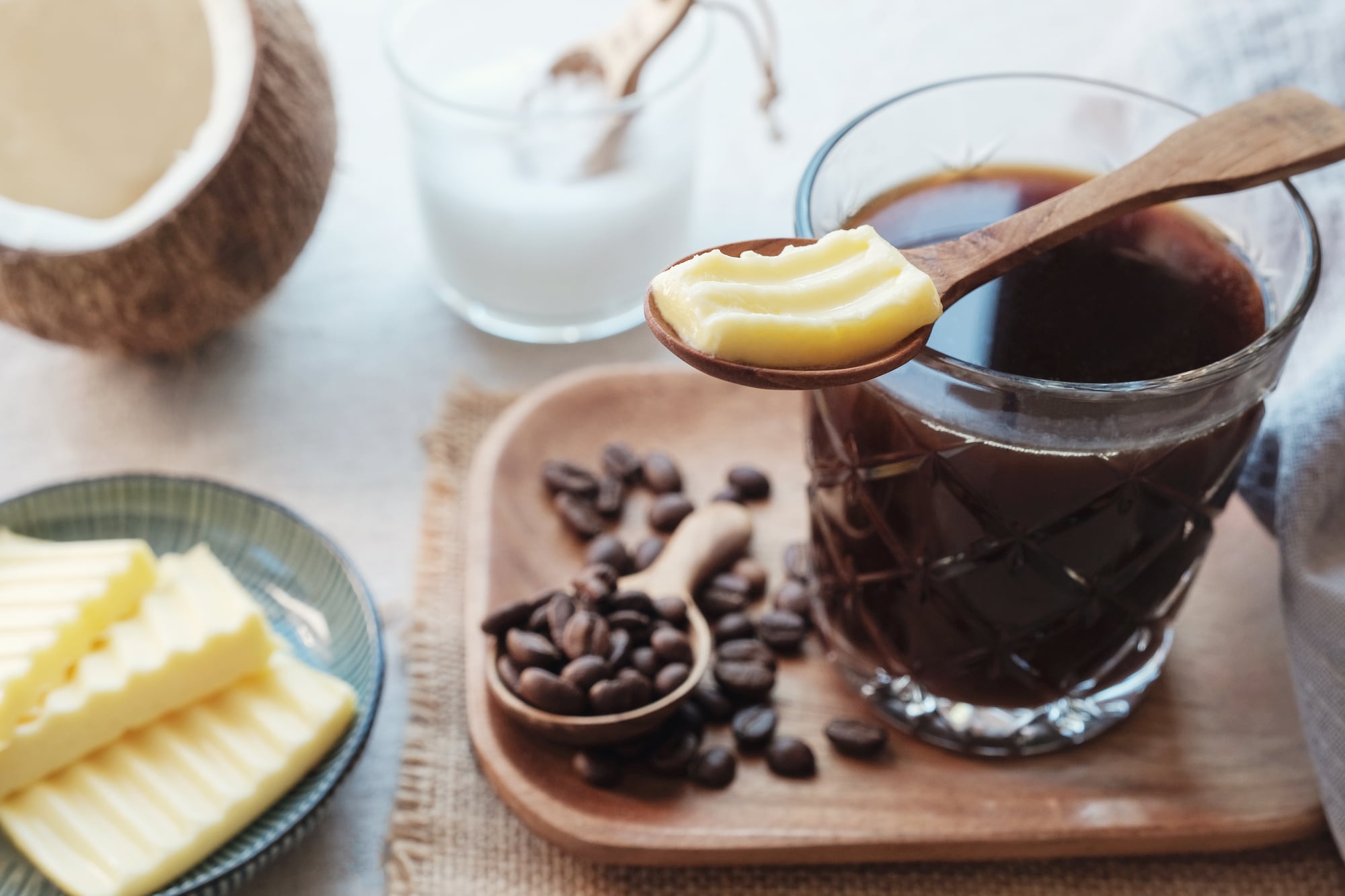 bullet coffee with butter on a wooden background