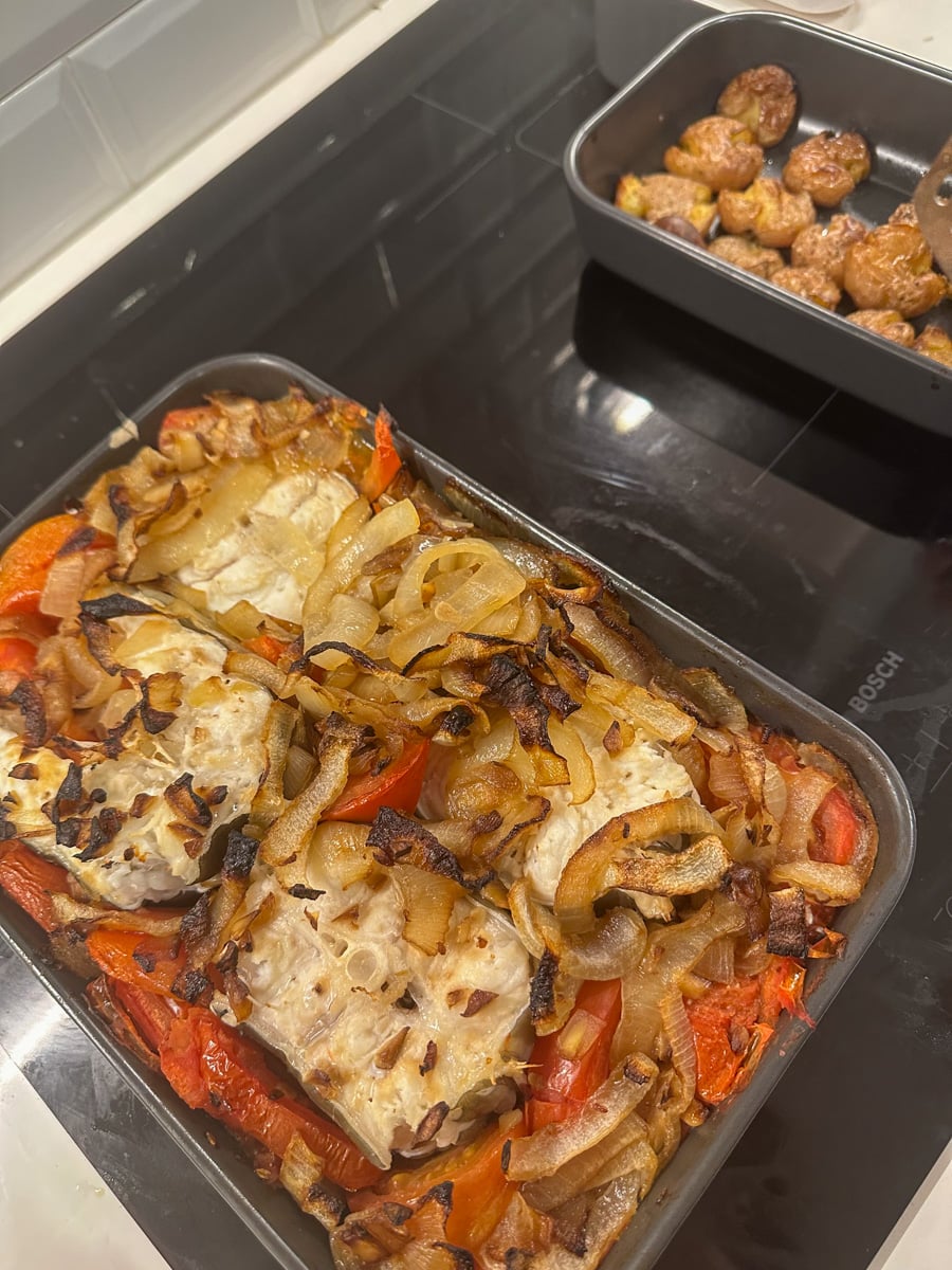 fresh baked eel cooked mediterranean style in a pan