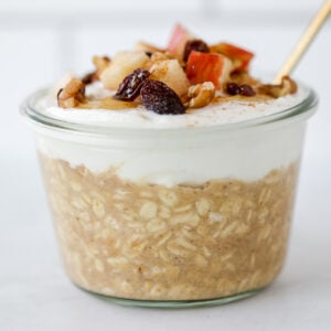 applesauce overnight oats with greek yogurt on top close up