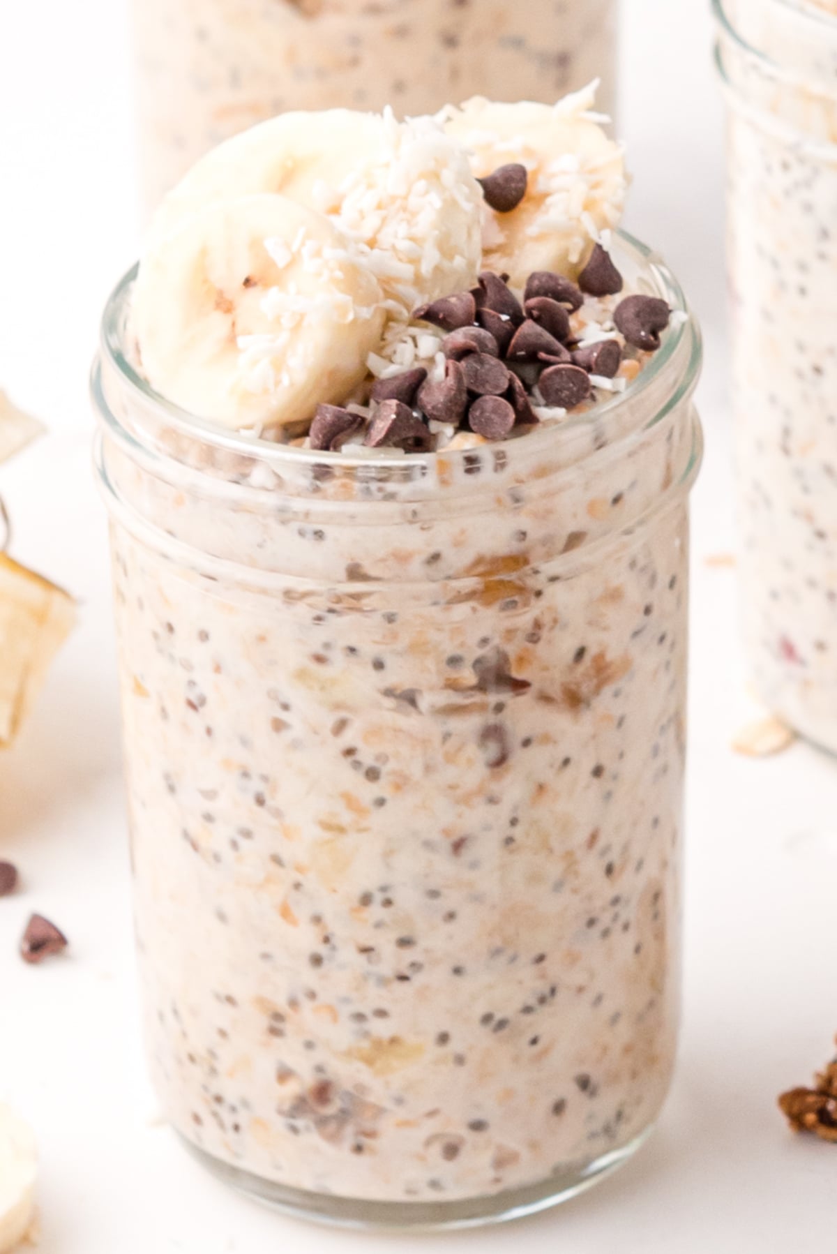close up of banana chia oats in a mason jar