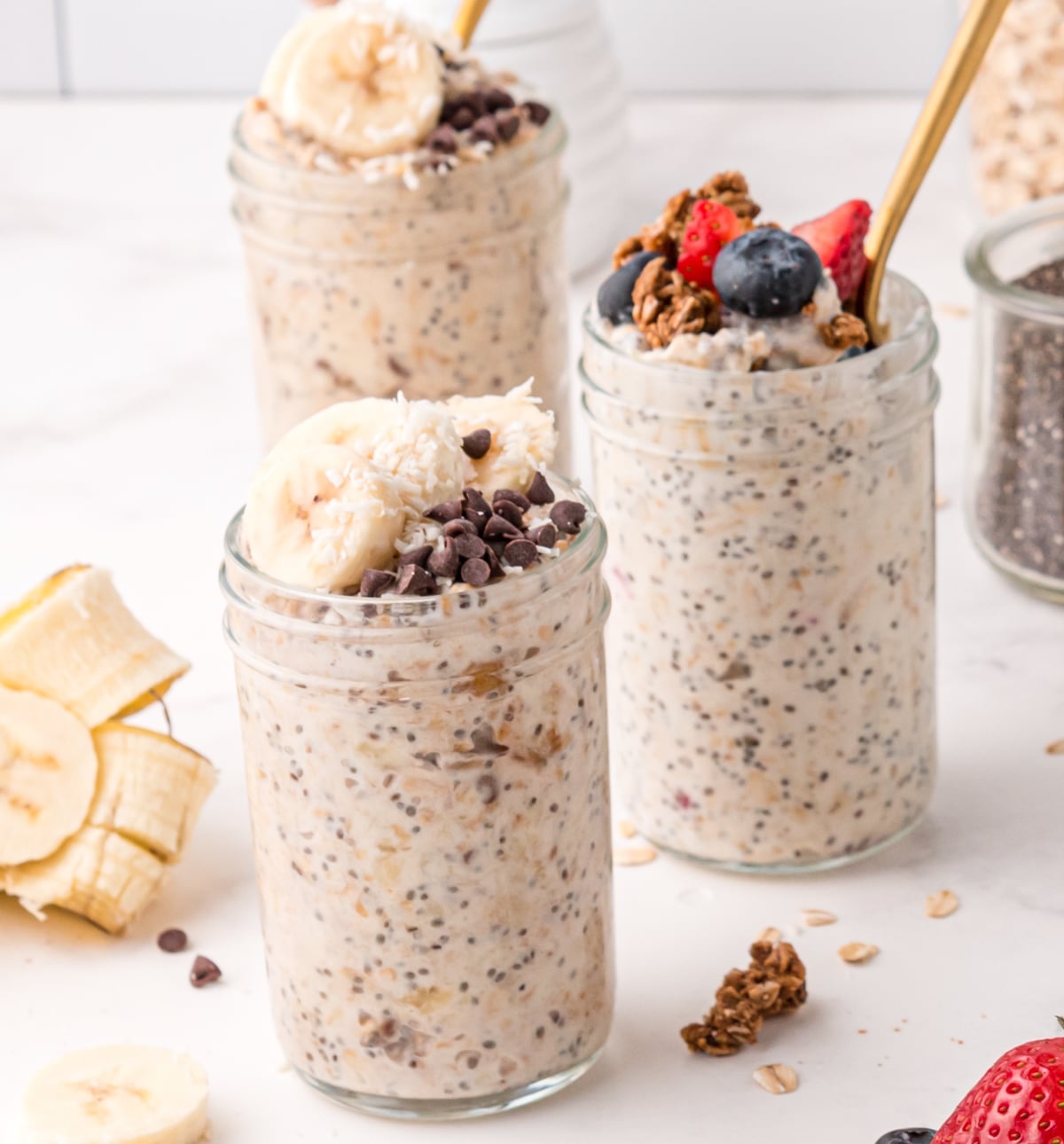 close up of peanut butter banana overnight oats in mason jars