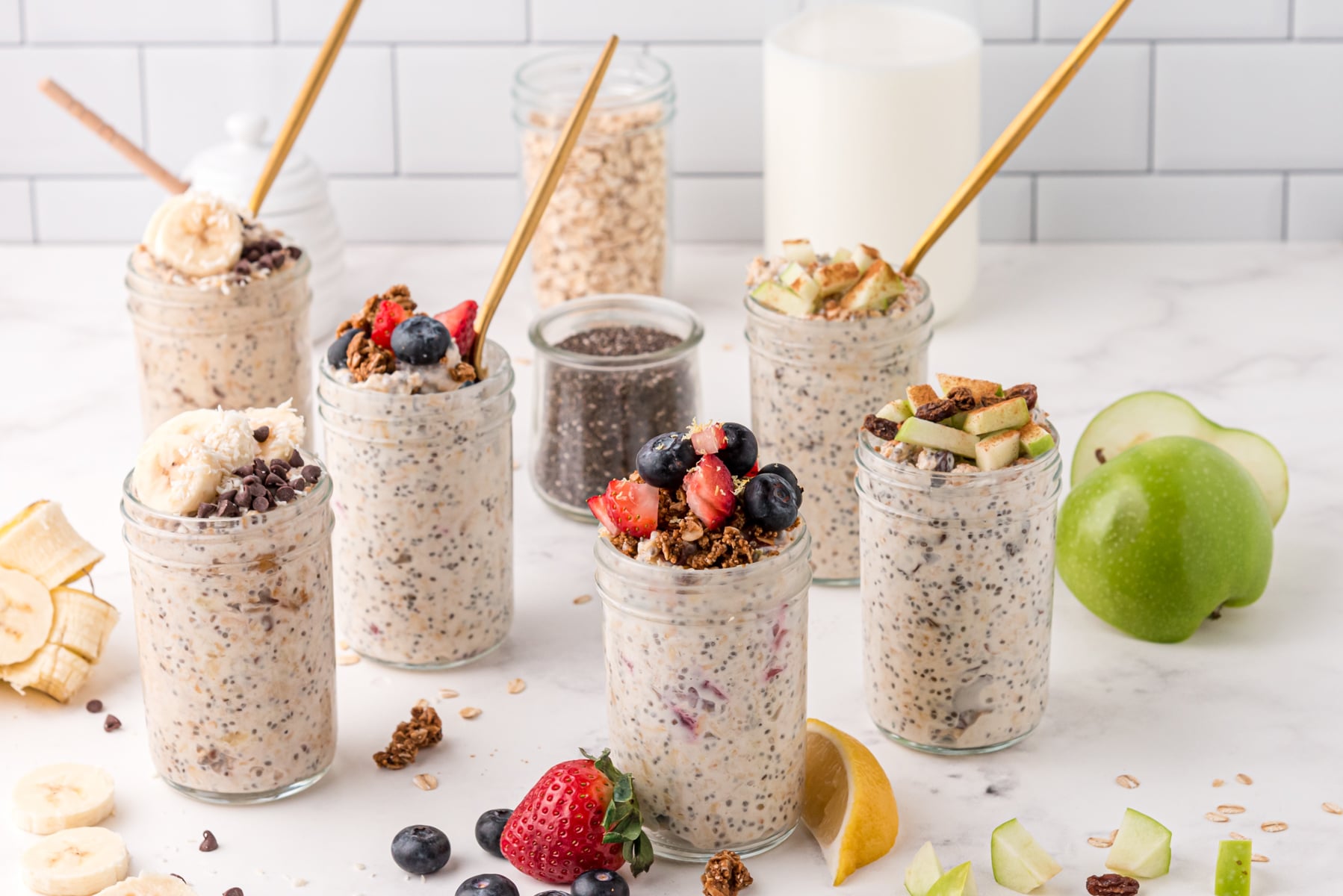 3 varietie of overnight oats on a white background