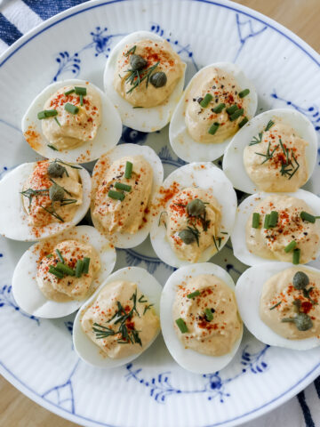 greek yogurt deviled eggs with dill close up photo on a plate