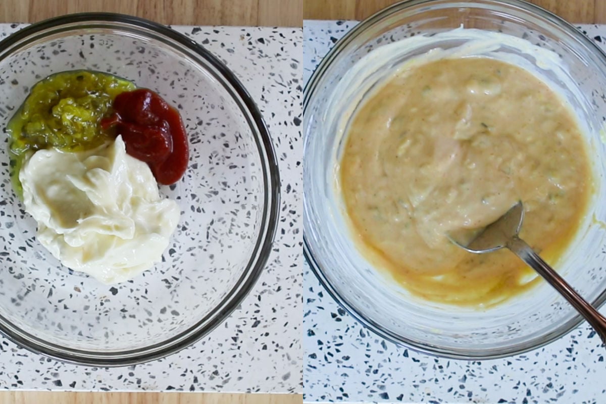 adding the big mac sauce ingredients to a small bowl and stirring them until smooth