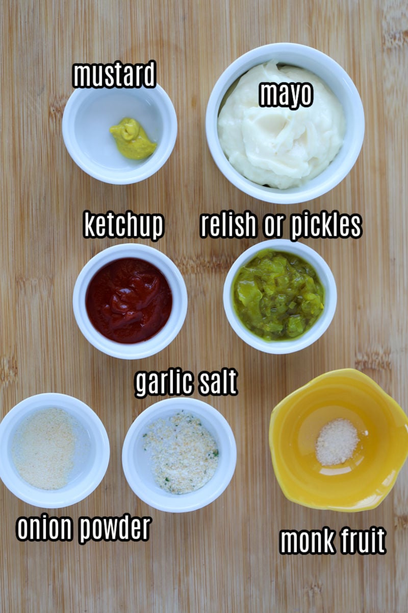ingredients for big mac sauce on a cutting board