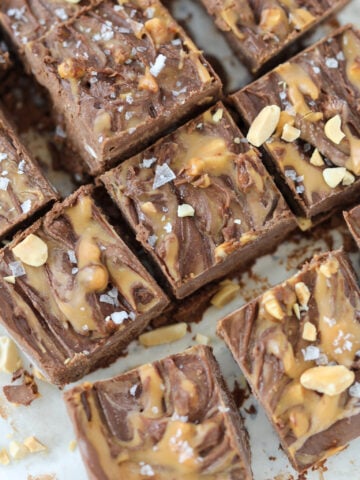 easy cottage cheese chocolate peanut butter fudge close up image on a cutting board