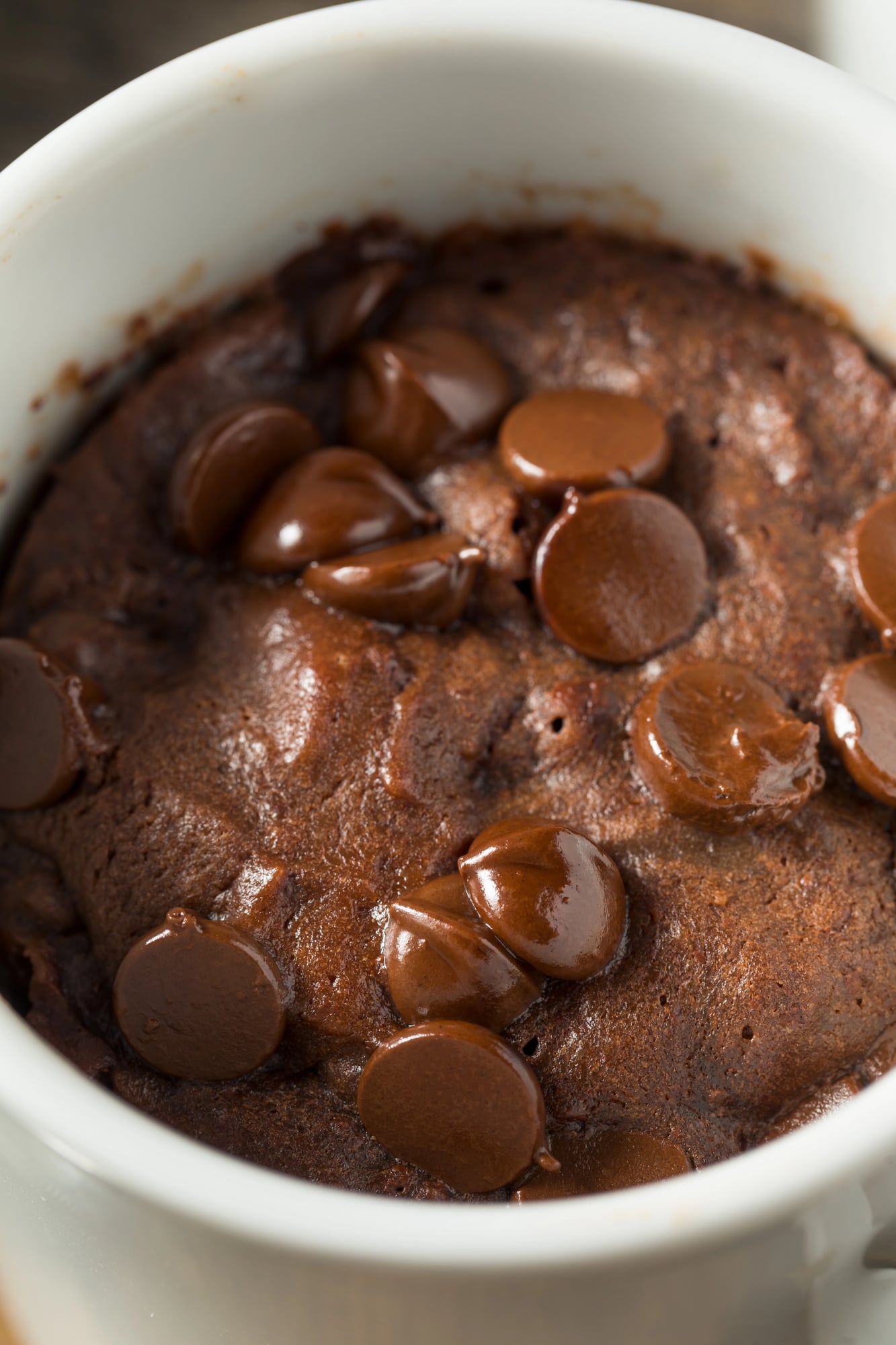 high protein chocolate mug cake that's low carb and sugar free with chocolate chips sprinkled on the top