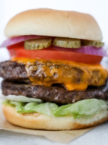 the best air fryer burgers using homemade meat patties featured double stacked on a bun