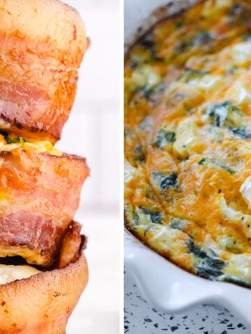 high protein egg recipes collage with a quiche and bacon egg cups