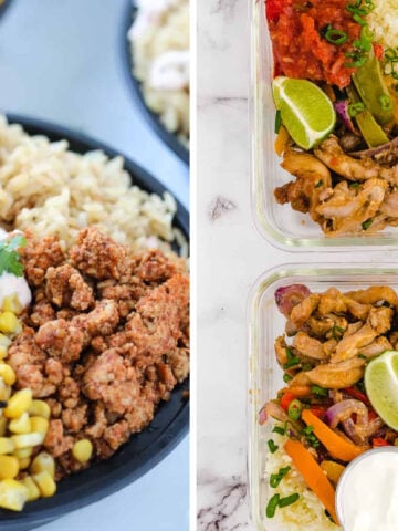 high protein macro friendly recipes like chicken fajita bowls and burrito chicken bowls