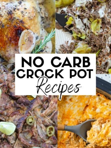 no carb crock pot recipes collage featuring whole chicken casserole pork carnitas and italian beef