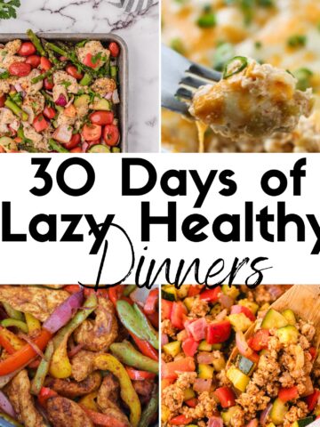 collage of lazy healthy dinners like sheet pan meals, crock pot recipes, air fryer dinners, skillet meals, and casseroles