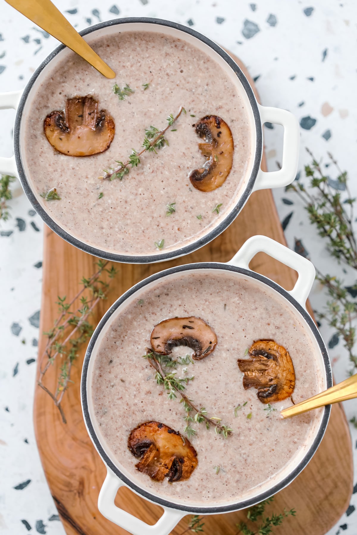 creamy high protein mushroom soup without cream in white soup bowls
