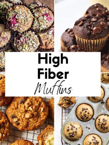 Featured image featuring 4 pictures of high fiber muffins.